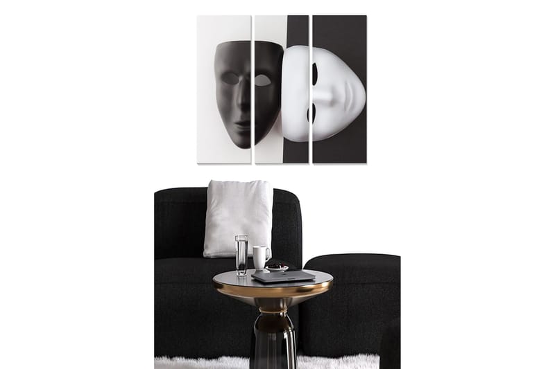 Puinen canvastaulu, 3 osaa, 50x70 cm - mustavalkoinen naamio, joka symboloi kaksinaisuutta ja identiteettiä, Musta / Valkoinen