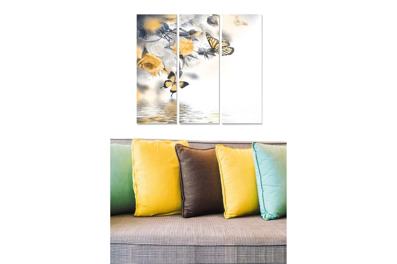 Puinen canvastaulu, 3 osaa, 50x70 cm - Mustavalkoisia perhosia ja keltaisia ruusuja harmonisessa sommitelmassa, Keltainen / Musta / Valkoinen