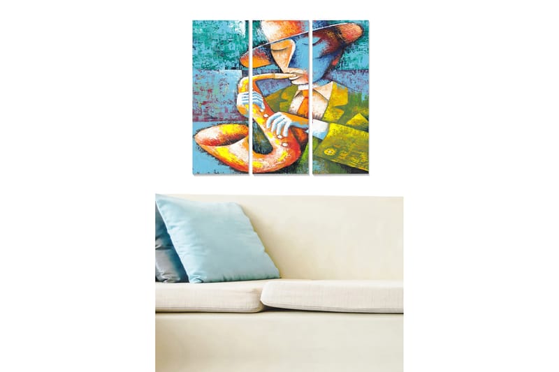 Puinen canvastaulu, 3 osaa, 50x70 cm - Muusikko soittaa saksofonia värikkäällä taustalla, Sininen / Oranssi / Keltainen