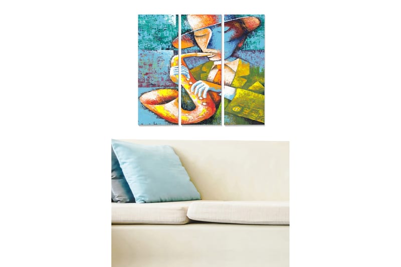 Puinen canvastaulu, 3 osaa, 50x70 cm - Muusikko soittaa saksofonia värikkäällä taustalla, Sininen / Oranssi / Keltainen