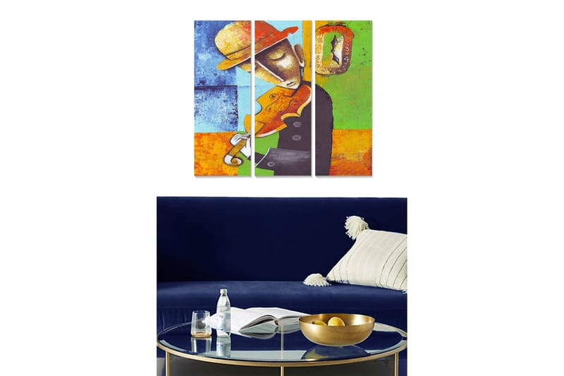 Puinen canvastaulu, 3 osaa, 50x70 cm - Muusikko soittaa viulua värikkäällä taustalla, Sininen / Oranssi / Vihreä