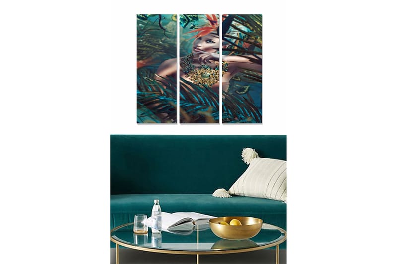 Puinen canvastaulu, 3 osaa, 50x70 cm - Mysteerinen nainen trooppisten kasvien ympäröimänä, Tummanvihreä / Turkoosi / Punainen