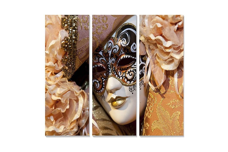 Puinen canvastaulu, 3 osaa, 50x70 cm - Naamiaismaski eleganteilla yksityiskohdilla ja pehmeillä sävyillä varustetuilla kukilla, Vaaleanpunainen / Kulta / Valkoinen