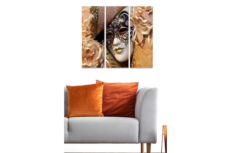 Puinen canvastaulu, 3 osaa, 50x70 cm - Naamiaismaski eleganteilla yksityiskohdilla ja pehmeillä sävyillä varustetuilla kukilla - Vaaleanpunainen / Kulta / Valkoinen - Sisustustuotteet - Taulu & taide - Canvas-taulu