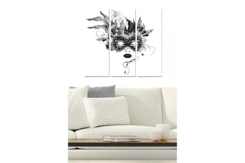 Puinen canvastaulu, 3 osaa, 50x70 cm - Naamioitu nainen höyhenillä ja yksityiskohtaisilla kuvioilla, Musta / Valkoinen