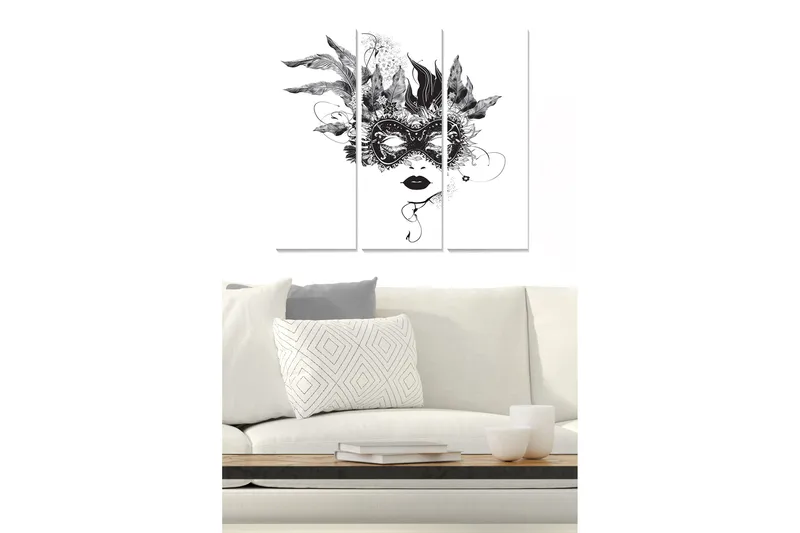 Puinen canvastaulu, 3 osaa, 50x70 cm - Naamioitu nainen höyhenillä ja yksityiskohtaisilla kuvioilla, Musta / Valkoinen