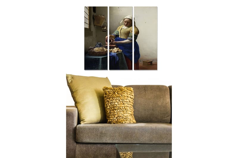 Puinen canvastaulu, 3 osaa, 50x70 cm - Nainen kaataa maitoa kulhoon pöydässä, Sininen / Keltainen / Ruskea