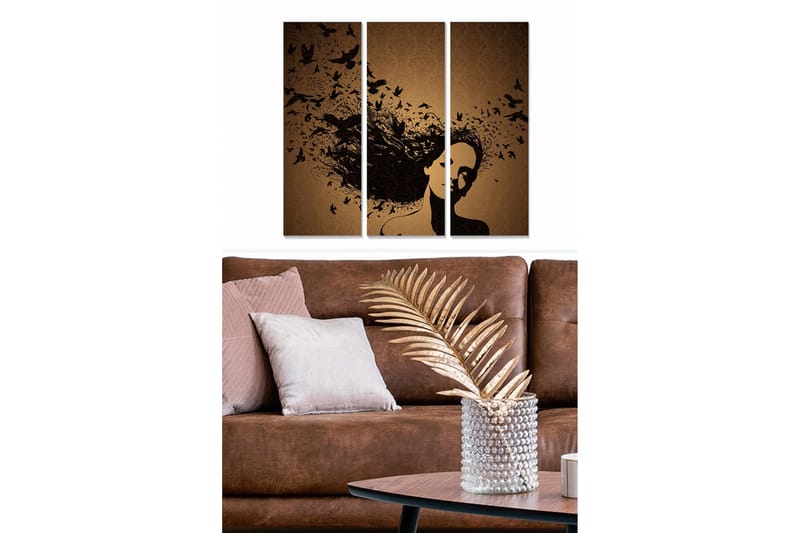 Puinen canvastaulu, 3 osaa, 50x70 cm - Naisen siluetti, jonka hiuksissa kelluu lintuja, Musta / Ruskea