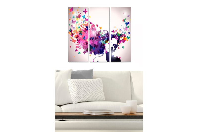 Puinen canvastaulu, 3 osaa, 50x70 cm - Naisen siluetti värikkäiden perhosten leijuessa ympärillään, Violetti / Vaaleanpunainen / Vihreä