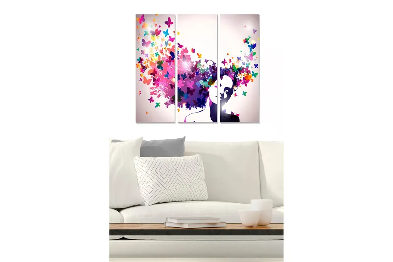Puinen canvastaulu, 3 osaa, 50x70 cm - Naisen siluetti värikkäiden perhosten leijuessa ympärillään, Violetti / Vaaleanpunainen / Vihreä