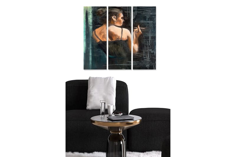 Puinen canvastaulu, 3 osaa, 50x70 cm - Naissiluetti kääntämässä selkänsä katsojalle ja pitelemässä savuketta, Tummansininen / Ihonväri / Musta