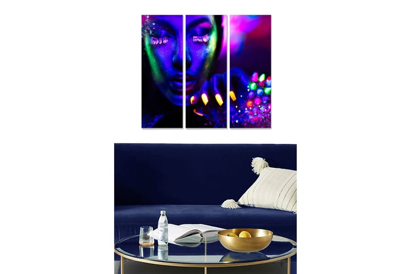Puinen canvastaulu, 3 osaa, 50x70 cm - Neonvärinen muotokuva naisesta, jolla on värikkäät kynnet ja kimaltelevia yksityiskohtia, Violetti / Vihreä / Keltainen