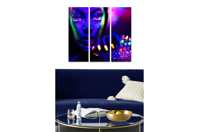 Puinen canvastaulu, 3 osaa, 50x70 cm - Neonvärinen muotokuva naisesta, jolla on värikkäät kynnet ja kimaltelevia yksityiskohtia, Violetti / Vihreä / Keltainen