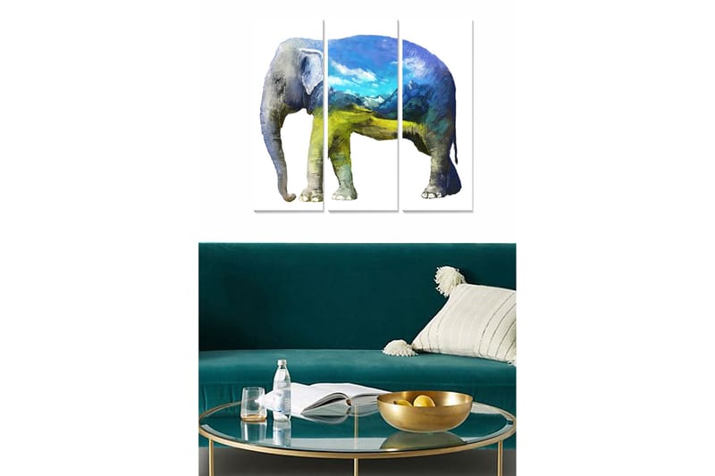 Puinen canvastaulu, 3 osaa, 50x70 cm - Norsu maisema-aiheella sinisen ja vihreän sävyissä, Sininen / Vihreä / Harmaa