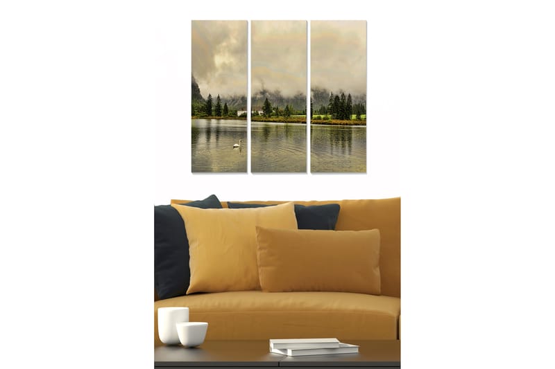 Puinen canvastaulu, 3 osaa, 50x70 cm - Rauha järven rannalla heijastavien vesipintojen ja ympäröivien puiden ympäröimänä, Vihreä / Beige / Harmaa