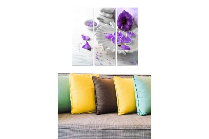 Puinen canvastaulu, 3 osaa, 50x70 cm - Rauhallinen ja harmoninen sommitelma violeteilla kukilla ja tuoksukynttilöillä, Violetti / Valkoinen