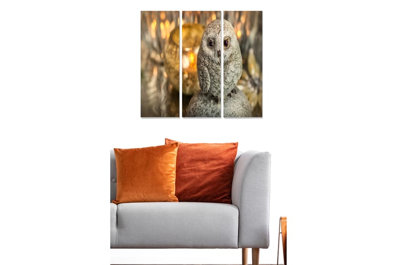Puinen canvastaulu, 3 osaa, 50x70 cm - Realistinen pöllö harmaan sävyissä - Harmaa / Beige / Ruskea - Sisustustuotteet - Taulu & taide - Canvas-taulu
