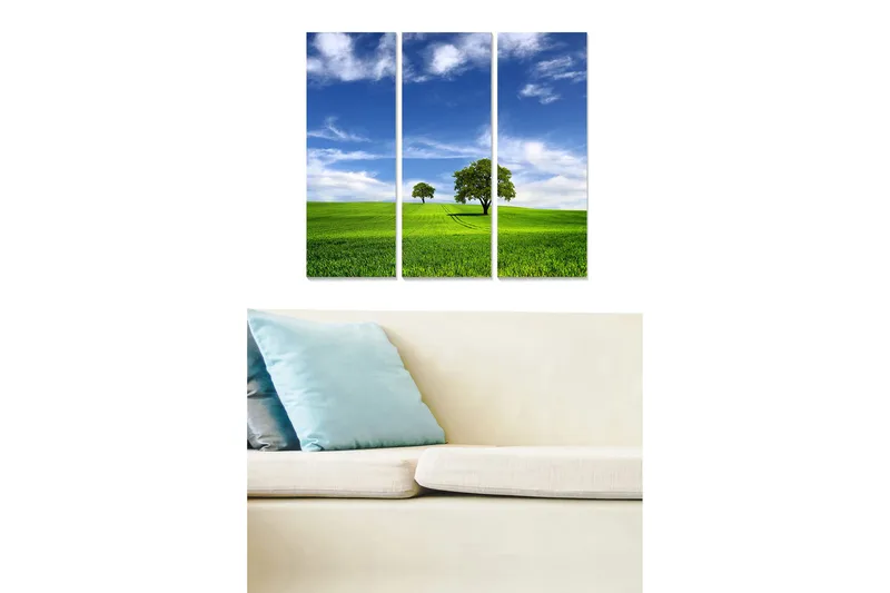 Puinen canvastaulu, 3 osaa, 50x70 cm - Rehevä maisema puiden ja sinisen taivaan kanssa, Vihreä / Sininen