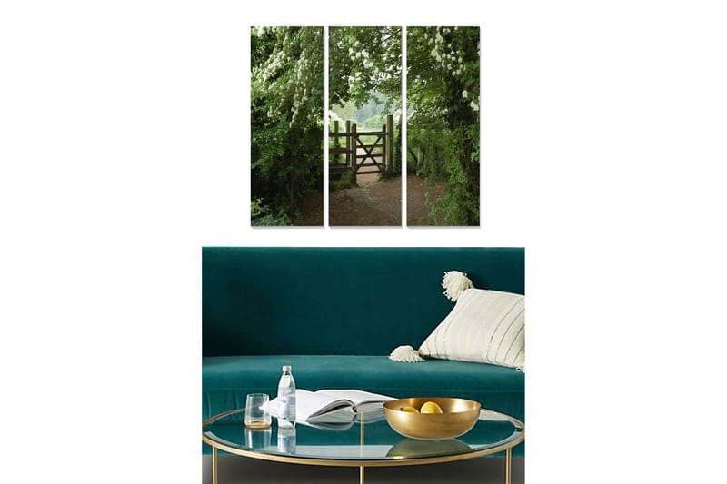 Puinen canvastaulu, 3 osaa, 50x70 cm - Rehevä maisema puisella portilla, Vihreä / Ruskea / Valkoinen