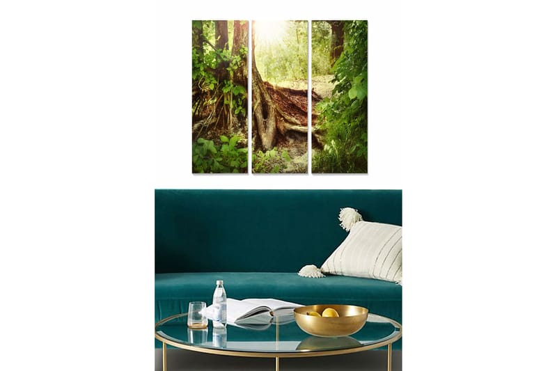 Puinen canvastaulu, 3 osaa, 50x70 cm - Rehevä metsä, auringonsäteet loistavat puiden välistä, Vihreä / Ruskea / Kulta