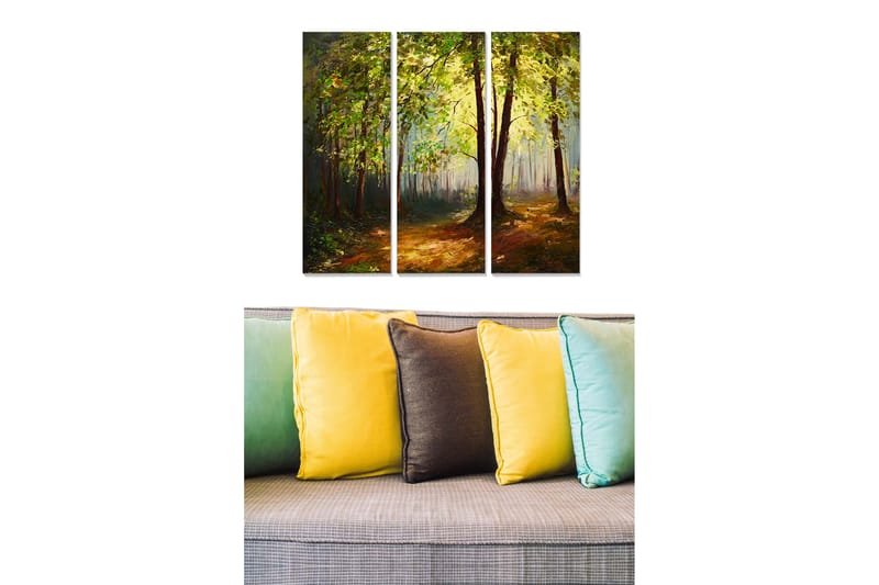 Puinen canvastaulu, 3 osaa, 50x70 cm - Rehevä metsä, auringonsäteet siivilöityvät puiden välistä, Vihreä / Ruskea / Keltainen