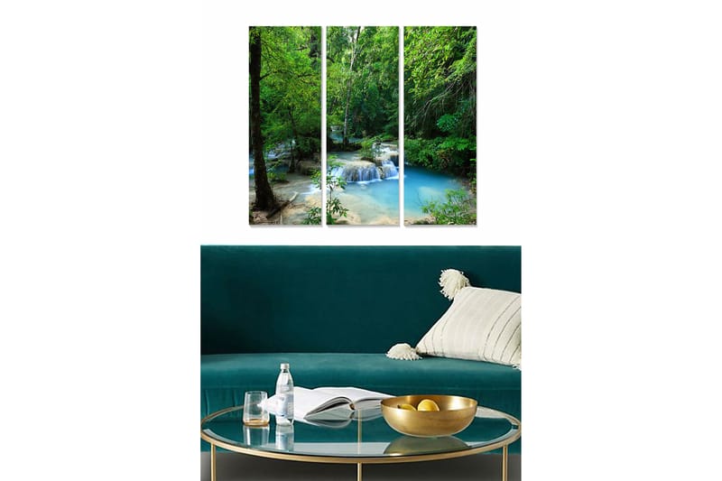 Puinen canvastaulu, 3 osaa, 50x70 cm - Rehevä metsä ja väreilevä vesiputous, Vihreä / Sininen