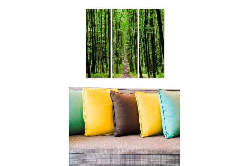 Puinen canvastaulu, 3 osaa, 50x70 cm - Rehevä metsä korkeine puineen ja polku syvyyksiin, Vihreä / Vaaleanvihreä