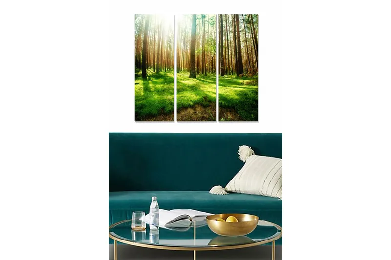 Puinen canvastaulu, 3 osaa, 50x70 cm - Rehevä metsä korkeine puineen ja auringonsäteineen siivilöityneine oksien välistä, Vihreä / Ruskea / Keltainen