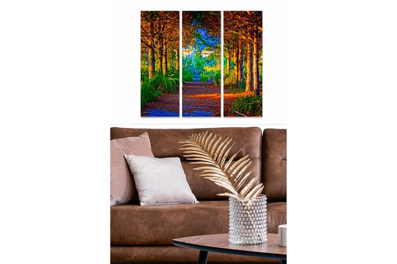 Puinen canvastaulu, 3 osaa, 50x70 cm - Rehev ä metsäpolku auringon valaisemien puiden ja vehreyden keskellä, Vihreä / Oranssi / Sininen