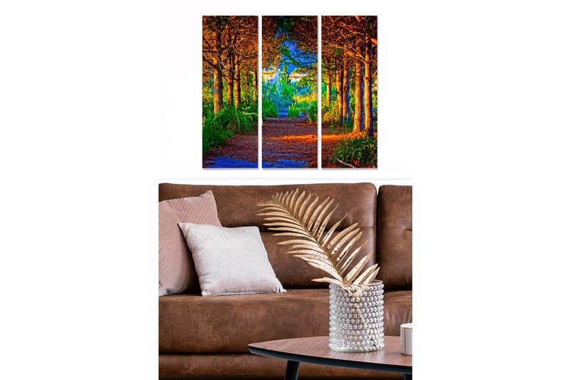 Puinen canvastaulu, 3 osaa, 50x70 cm - Rehevä metsäpolku auringon valaisemien puiden ja vehreyden keskellä, Vihreä / Oranssi / Sininen