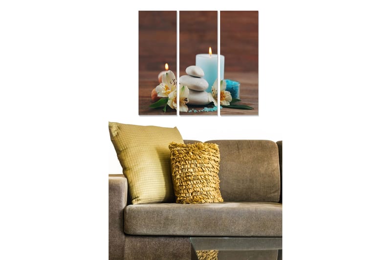 Puinen canvastaulu, 3 osaa, 50x70 cm - Rentouttava hiljaisuus kynttilöiden, kivien ja kukkien kera, Valkoinen / Vaaleansininen / Vihreä