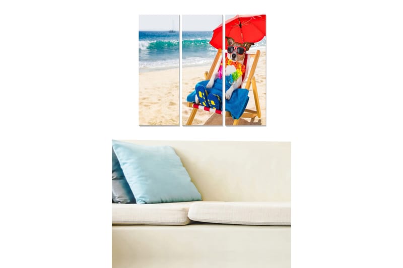 Puinen canvastaulu, 3 osaa, 50x70 cm - Rentouttava koira rantatuolissa aurinkovarjon kanssa, Sininen / Punainen / Beige