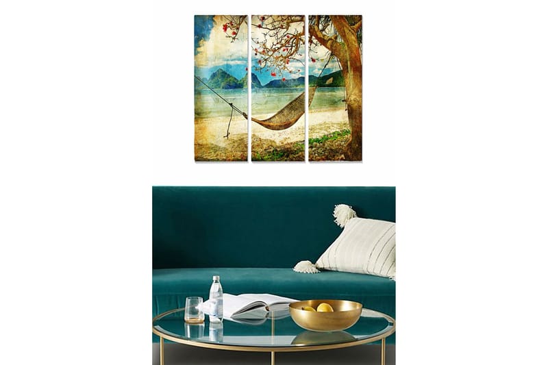 Puinen canvastaulu, 3 osaa, 50x70 cm - Rentouttava riippumatto puun alla rannalla, taustalla vuoret, Sininen / Vihreä / Beige