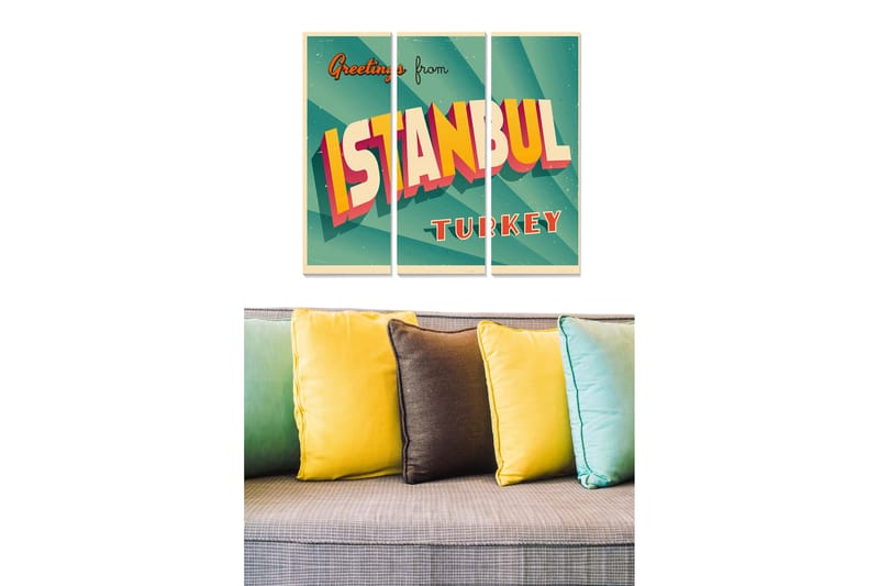 Puinen canvastaulu, 3 osaa, 50x70 cm - Retro juliste tekstillä Greetings from ISTANBUL, Turkoosi / Keltainen / Punainen
