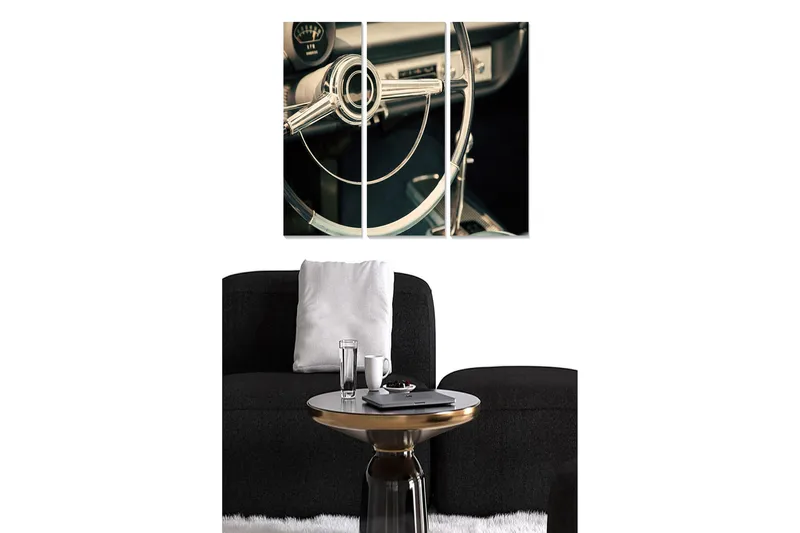 Puinen canvastaulu, 3 osaa, 50x70 cm - Retroauton sisustus, jossa keskitytään ohjauspyörään ja kojelautaan, Hopea / Musta / Harmaa