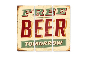 Puinen canvastaulu, 3 osaa, 50x70 cm - Retrokyltti tekstillä FREE BEER TOMORROW - Punainen / Vihreä / Beige - Sisustustuotteet - Taulu & taide - Canvas-taulu