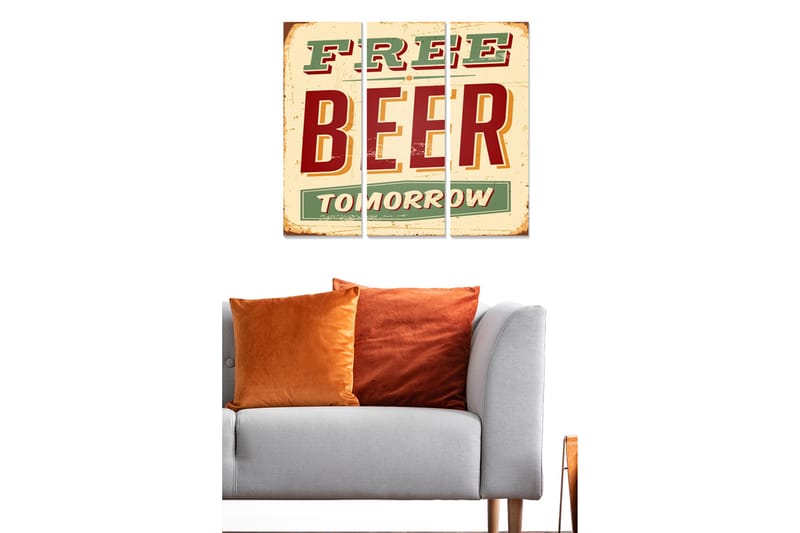 Puinen canvastaulu, 3 osaa, 50x70 cm - Retrokyltti tekstillä FREE BEER TOMORROW - Punainen / Vihreä / Beige - Sisustustuotteet - Taulu & taide - Canvas-taulu