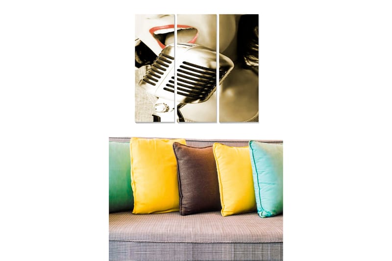 Puinen canvastaulu, 3 osaa, 50x70 cm - Retromikrofoni, jossa laulaja keskipisteenä, Musta / Harmaa / Punainen