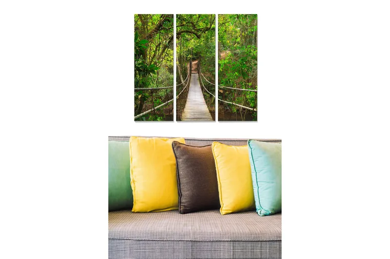 Puinen canvastaulu, 3 osaa, 50x70 cm - Riippusilta rehevän metsän läpi, Vihreä / Ruskea / Beige