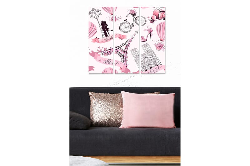 Puinen canvastaulu, 3 osaa, 50x70 cm - Romanttinen kaupunkikuva Pariisi-aiheella ja rakastavaisella parilla, Vaaleanpunainen / Musta / Valkoinen
