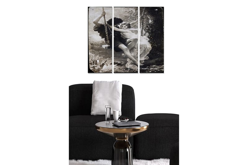 Puinen canvastaulu, 3 osaa, 50x70 cm - Romanttinen näkymä kahdesta ihmisestä keinumassa yhdessä rehevässä ympäristössä, Musta / Valkoinen / Harmaa