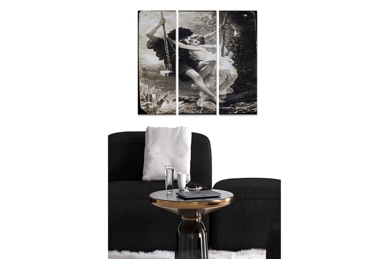Puinen canvastaulu, 3 osaa, 50x70 cm - Romanttinen näkymä kahdesta ihmisestä keinumassa yhdessä rehevässä ympäristössä, Musta / Valkoinen / Harmaa