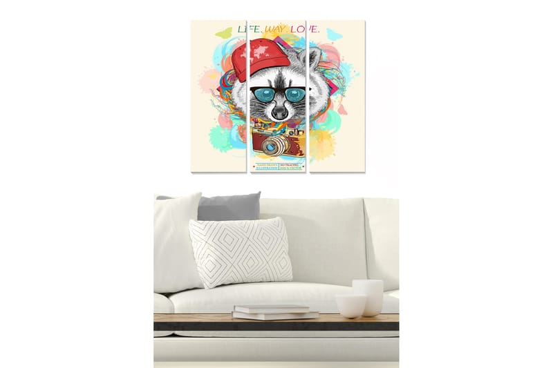 Puinen canvastaulu, 3 osaa, 50x70 cm - Rotta aurinkolaseissa ja punaisessa lippalakissa, värikkäiden kuvioiden ympäröimänä, Punainen / Sininen / Keltainen