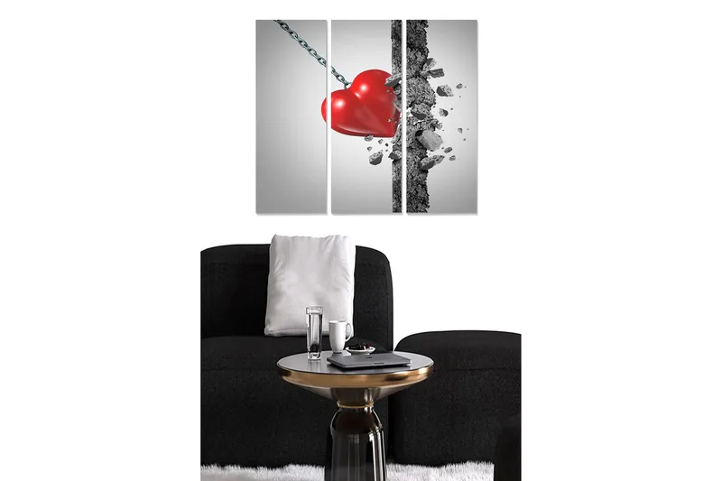 Puinen canvastaulu, 3 osaa, 50x70 cm - Särkynyt sydän ketjussa, Punainen / Harmaa / Musta