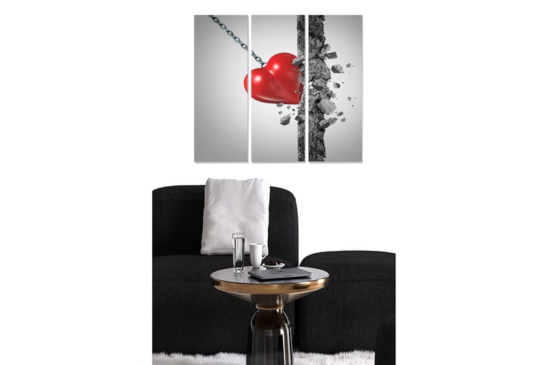 Puinen canvastaulu, 3 osaa, 50x70 cm - Särkynyt sydän ketjussa, Punainen / Harmaa / Musta