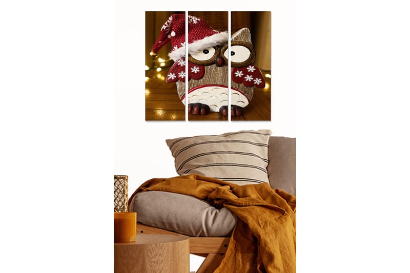 Puinen canvastaulu, 3 osaa, 50x70 cm - Söpö pöllö joululakki päässään lumihiutaleilla, Punainen / Ruskea / Valkoinen