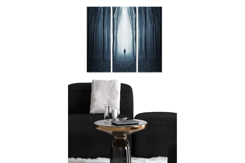 Puinen canvastaulu, 3 osaa, 50x70 cm - Salaperäinen metsä ja yksinäinen hahmo sumussa, Tummansininen / Harmaa / Musta