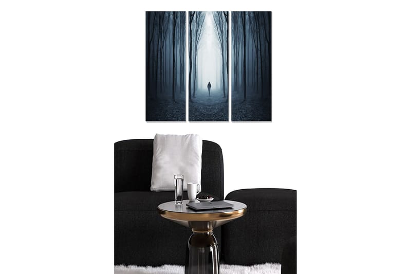 Puinen canvastaulu, 3 osaa, 50x70 cm - Salaperäinen metsä ja yksinäinen hahmo sumussa, Tummansininen / Harmaa / Musta