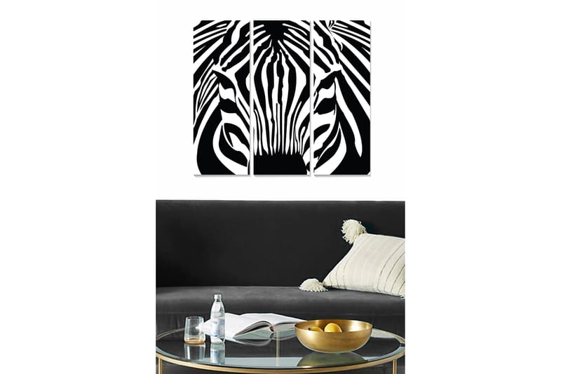 Puinen canvastaulu, 3 osaa, 50x70 cm - Seepra kontrastisilla mustavalkoisilla raidoilla, Musta / Valkoinen