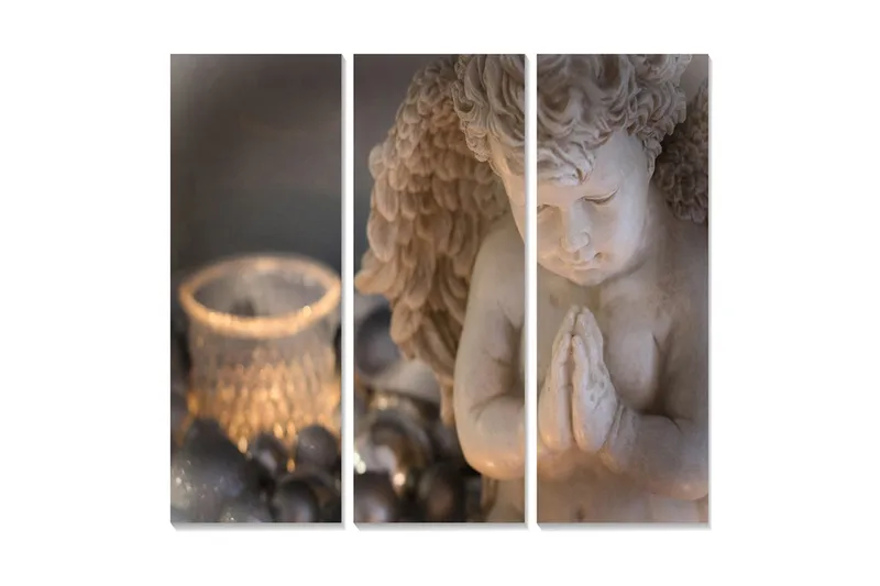 Puinen canvastaulu, 3 osaa, 50x70 cm - Seisova enkeli kädet ristissä rukouksessa - Beige / Harmaa / Hopea - Sisustustuotteet - Taulu & taide - Canvas-taulu